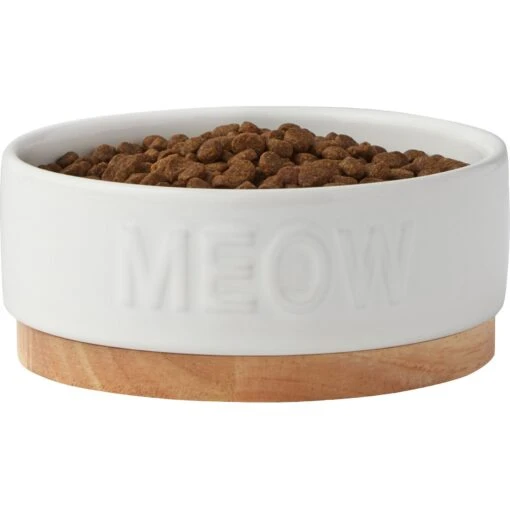 Frisco Round Meow Non-skid Ceramic Cat Bowl With Wood Base -Cat Supply Store 256078 PT3. AC SS1800 V1615313181