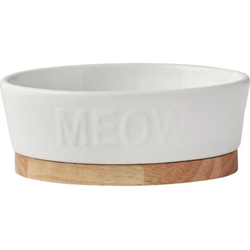 Frisco Oval Meow Non-skid Ceramic Cat Bowl With Wood Base -Cat Supply Store 256080 MAIN. AC SS1800 V1615300007