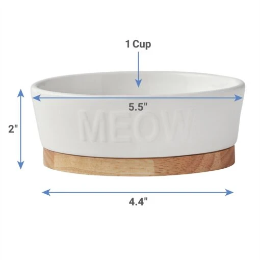 Frisco Oval Meow Non-skid Ceramic Cat Bowl With Wood Base -Cat Supply Store 256080 PT1. AC SS1800 V1616074139