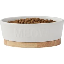 Frisco Oval Meow Non-skid Ceramic Cat Bowl With Wood Base -Cat Supply Store 256080 PT3. AC SS1800 V1615312053