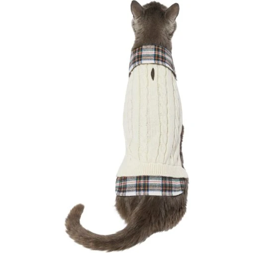 Frisco Cream Cable Knit Dog & Cat Sweater, White/Red Plaid -Cat Supply Store 268057 PT2. AC SS1800 V1628740011