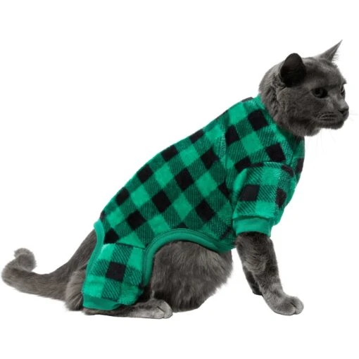 Frisco Dog & Cat Cozy Plush Fleece PJs, Green Plaid -Cat Supply Store 268517 PT3. AC SS1800 V1637718134