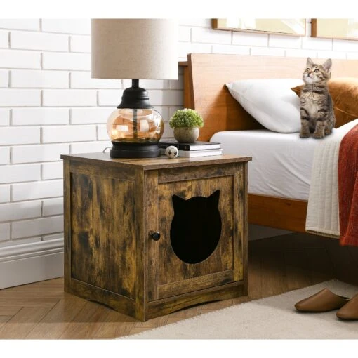 Sweet Barks Enclosed House Side Table Cat Litter Box, Rustic Brown -Cat Supply Store 354503 PT5. AC SS1800 V1640040755