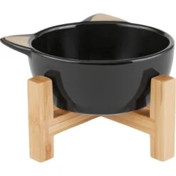 Frisco Cat Face Elevated Bamboo Non-Skid Ceramic Cat Bowl, Black, 1 Cups -Cat Supply Store 363383 PT3. AC SS1800 V1657657267