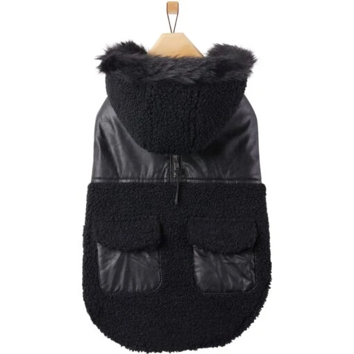 Frisco Medium Weight Faux Leather Dog & Cat Parka With Faux Fur Trimmed Hood, Black -Cat Supply Store 719798 PT3. AC SS1800 V1692978853