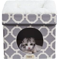 Friends Forever Taylor Collapsible Cube Cat House & Ottoman, Grey -Cat Supply Store 851550 PT1. AC SS1800 V1683834957